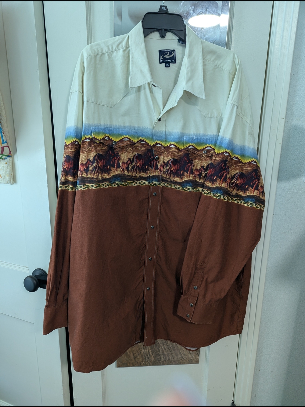 Western Horse Print Long Sleeve Shirt - Brown & Cream